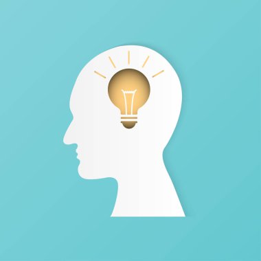 Ampul simgesi beyaz zemin üzerine kafa. Satırı simgesi-fikir kavramı. Büyük fikir ve düşünme tasarım. Kağıt Sanat ve el sanatları tarzı.