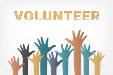 Eller yukarı renkli. Vektör kavramı gönüllü ellerini kaldırdı. Kağıt Sanat ve el sanatları tarzı.