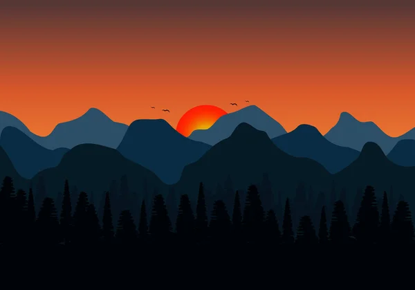 Fond Naturel Montagnes Coucher Soleil Paysage Fond Silhouette Forêt Illustration — Image vectorielle