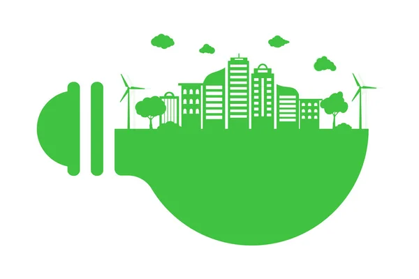 拯救地球行星世界的概念 世界环境日概念 绿色现代城市绿色灯泡 安全世界 生态理念 — 图库矢量图片