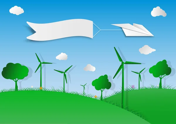 生态和可再生能源的概念与涡轮 拯救地球概念 世界环境日 生态学和自然 纸张样式 — 图库矢量图片