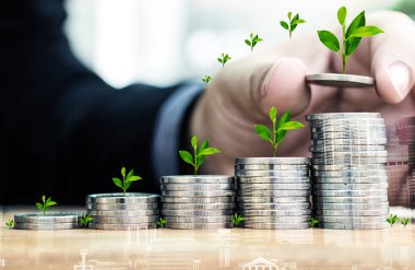 Sikke para kavramı, finans ve bankacılık, finans ve iş kavramı, iş yatırım için bitki yetiştirme. bozuk para-para yığını koyarak el