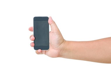 Beyaz arka plan üzerinde izole eller erkekler holdding telefon kadar yakın