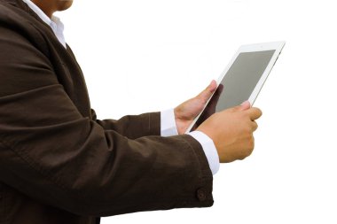 Onun cep telefonu veya tablet açık, izole beyaz arka plan üzerinde kullanarak işadamı kapatmak