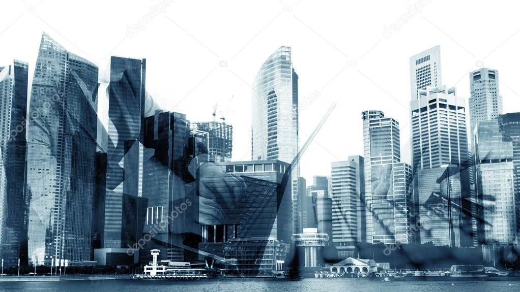 Double exposure of success businessman using keyboard , education, programming, people and technology concept - close up of asian man hands typing on keyboard at city scape background