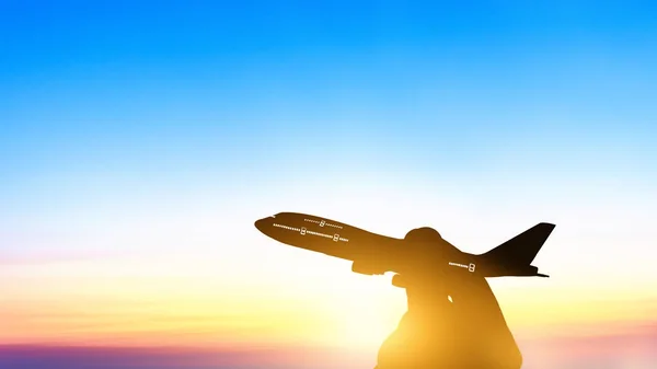 Joven Asiática Sosteniendo Miniatura Juguete Avión Volando Nube Azul Cielo — Foto de Stock