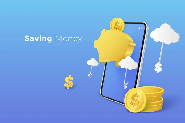 Geld Sparen Und Investieren Münzgeld Sparschwein Mit Smartphone Vektorillustration — Stockvektor