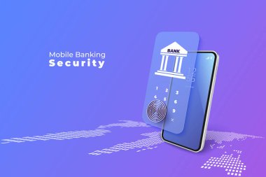Mobil uygulamalı iş finans hizmeti. Güvenlik konseptiyle giriş ekranında parmak izi. vektör izometrik 3d illüstrasyon. 