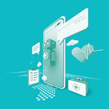 Dijital teknoloji çevrimiçi tıbbi danışmanlık. mobil uygulama konsepti. İnsanlar doktor çağırır. 3d perspektif vektör çizimi.