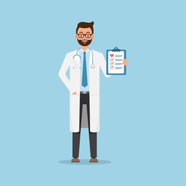 Kontrol Listesi ve Kalp Sağlığı konsepti olan panoyu tutan doktor.