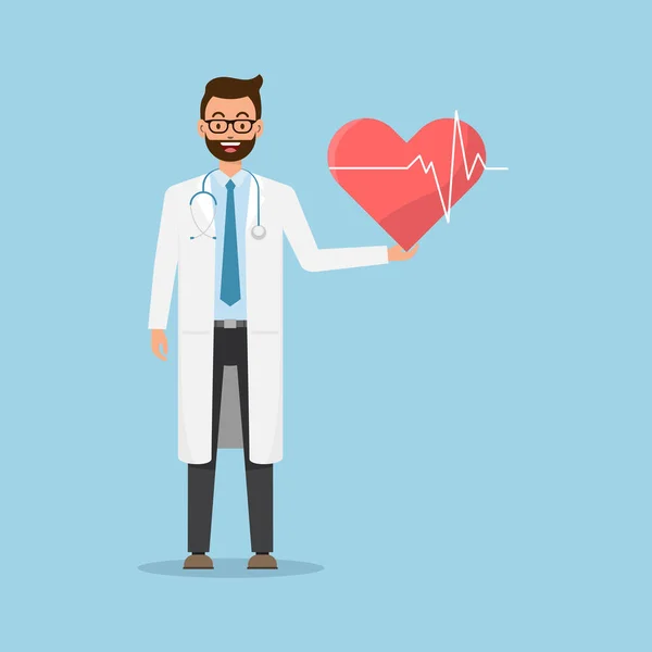 Doctor Holding Red Heart Medical Health Care Concept Vector Flat — Stock Vector