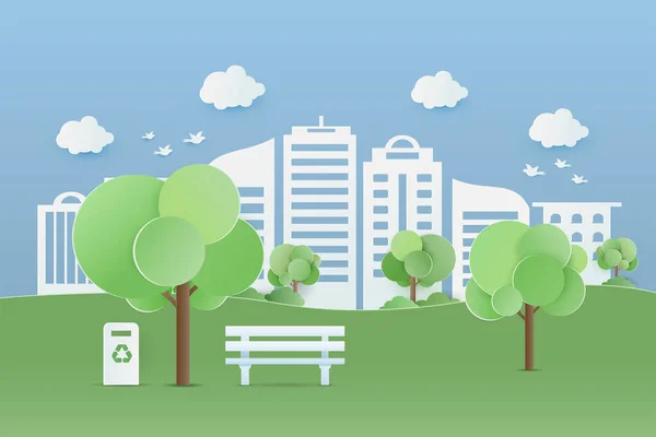 Green Park Cityscape Exercitar Relaxar Grama Verde Árvore Jardim Nuvem — Vetor de Stock