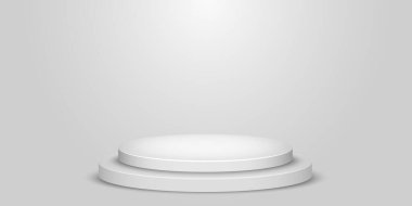 Beyaz ve Gri Yuvarlak Kazanan Podyum Arkaplanı. Ödül töreni için sahne. Işıklar aydınlatılıyor. Vektör illüstrasyonu. 