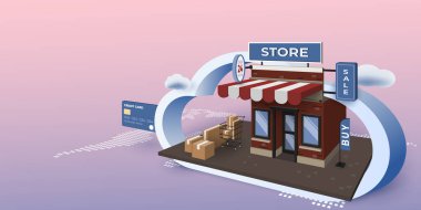 Mobil uygulama ile online alışveriş. İş dijital pazarlama konsepti. Dünya haritasında bulutlu bir depo. 3d perspektif vektör çizimi