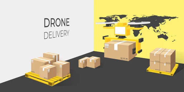 Drone Entrega Expresa Con Paquete Contra Mapa Del Mundo Aplicación — Archivo Imágenes Vectoriales