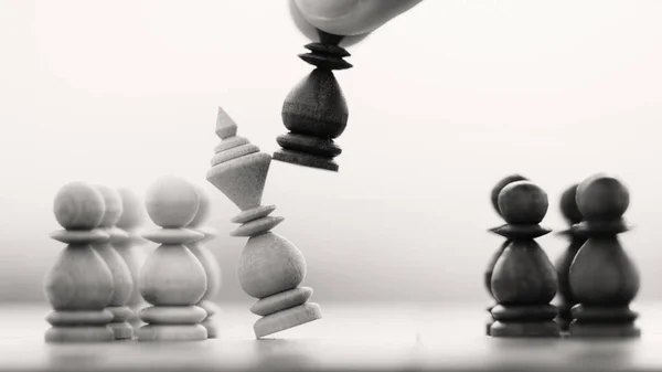 Geschäftserfolg Und Führungskonzept Mit Schach Aus Holz Schwarz Weißer Hintergrund — Stockfoto