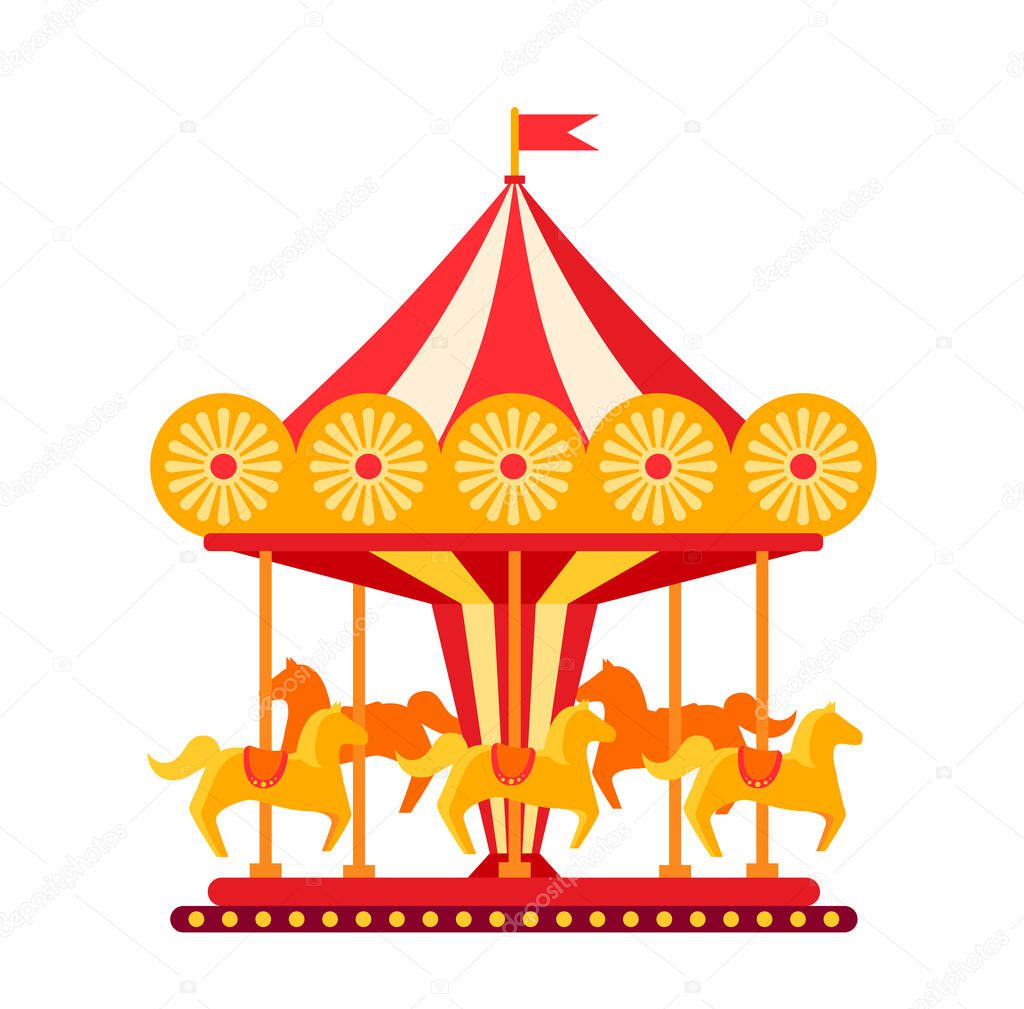 Carousel with horses in amusement park flat vector