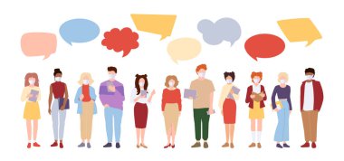 Coronavirus grubu insanları konuşma kabarcığı vektörünü maskeler