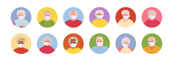 Avatars masqués personnes âgées mis vecteur de style dessin animé — Image vectorielle
