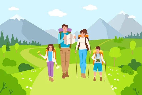 Familia senderismo montaña naturaleza caminar vector de dibujos animados — Archivo Imágenes Vectoriales