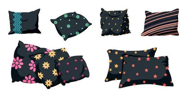 Juego de almohada negro con dibujos animados patrón decorativo — Vector de stock
