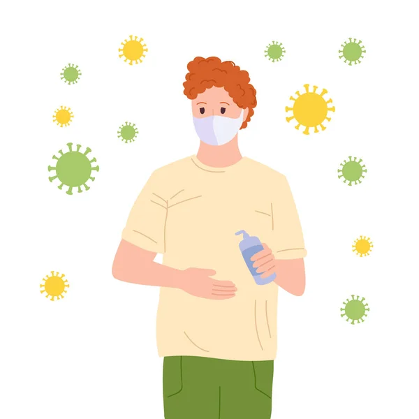 Jovem mascarado usa um vetor de desenho animado desinfetante —  Vetores de Stock
