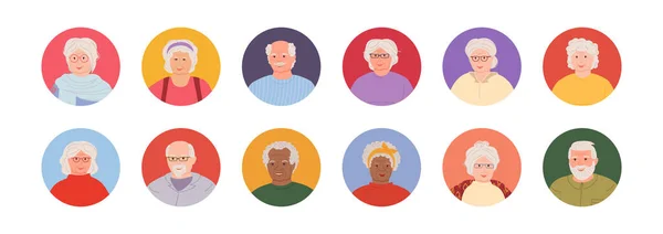 Pessoas idosas definir avatares retratos cartoon vector —  Vetores de Stock