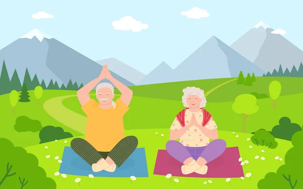 Old men and women do yoga cartoon outdoor vector — Stock Vector