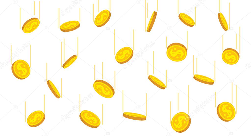 Coin motion flat cartoon style golden coins rain