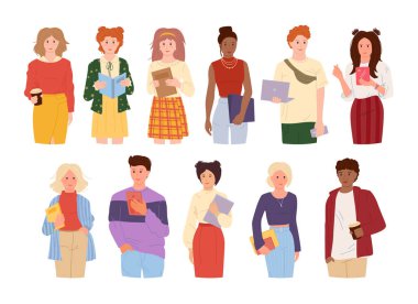 Genç insanlar öğrenci aygıtı kümesi çizgi film vektörü