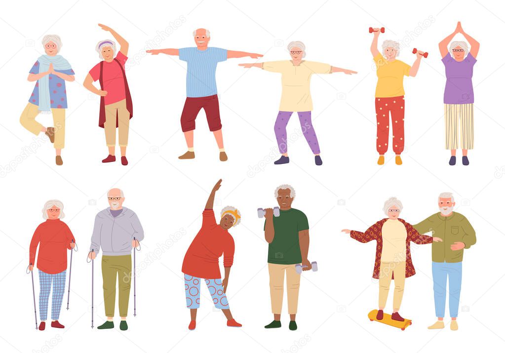 Healthy active older people cartoon set vector