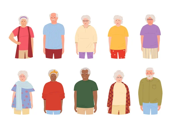Anziani sorriso gruppo cartone animato set vettore — Vettoriale Stock