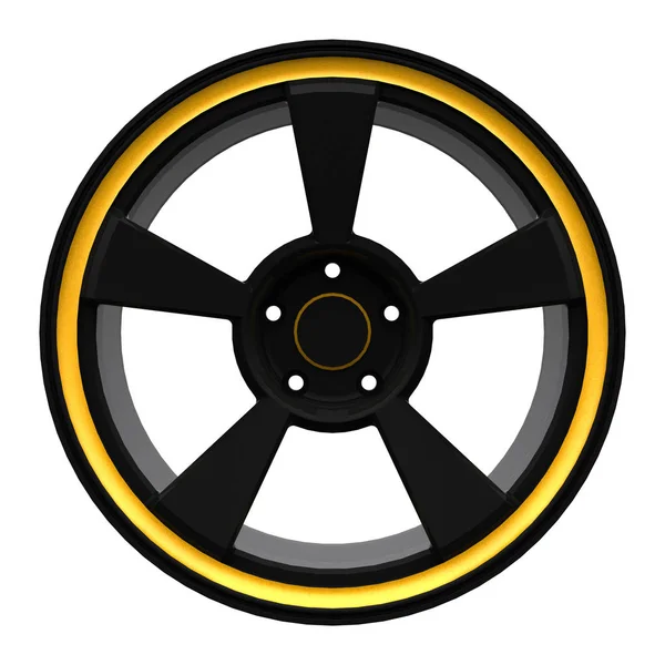 Svart aluminium gjutna disk från en sportbil med en gul plym (3d-modell) — Stockfoto