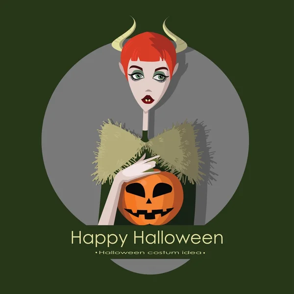 Chica vestida de monstruo para Halloween, ilustración vectorial estilo caricatura aislada en el fondo. Truco o trato tarjeta de Halloween — Vector de stock
