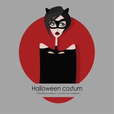 Kız Cadılar Bayramı için catwomen gibi giyinmiş, karikatür tarzı vektör illüstrasyon arka planda izole. Hile veya Halloween kartı tedavi