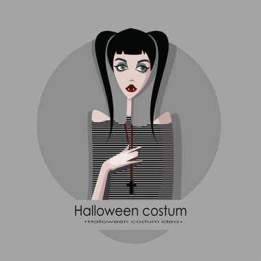 Cadılar Bayramı için vampir gibi giyinmiş kız, arka planda izole karikatür tarzı vektör illüstrasyon. Hile veya Halloween kartı tedavi
