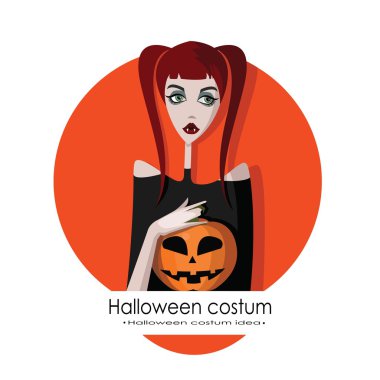 Cadılar Bayramı için vampir gibi giyinmiş kız, arka planda izole karikatür tarzı vektör illüstrasyon. Hile veya Halloween kartı tedavi