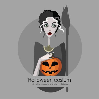 Cadılar Bayramı için cadı gibi giyinmiş kız, arka planda izole karikatür tarzı vektör illüstrasyon. Hile veya Halloween kartı tedavi