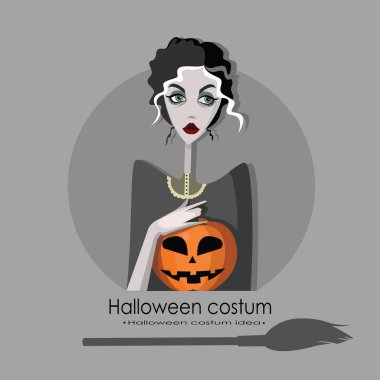 Cadılar Bayramı için cadı gibi giyinmiş kız, arka planda izole karikatür tarzı vektör illüstrasyon. Hile veya Halloween kartı tedavi