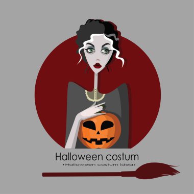 Cadılar Bayramı için cadı gibi giyinmiş kız, arka planda izole karikatür tarzı vektör illüstrasyon. Hile veya Halloween kartı tedavi