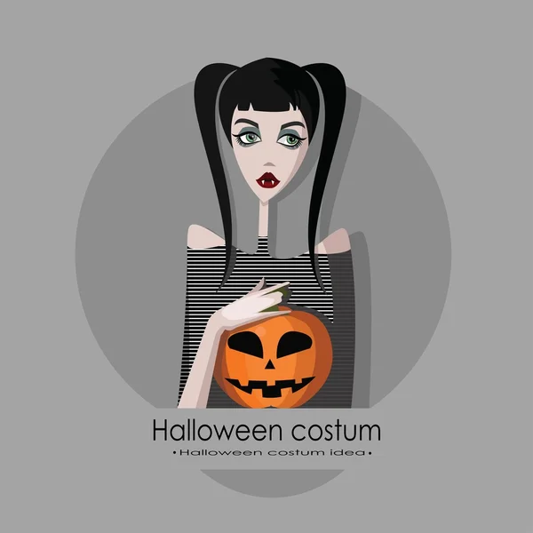 Dziewczyna ubrana jako wampir na Halloween, ilustracja wektorowa w stylu kreskówek na tle. Sztuczka lub traktować Halloween karta — Wektor stockowy