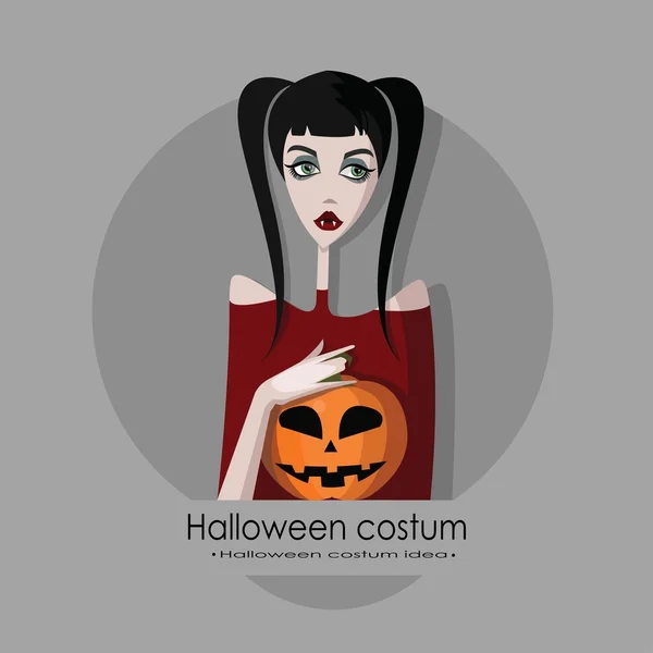 Menina vestida como vampiro para Halloween, desenho animado ilustração vetorial estilo isolado no fundo. Truque ou tratar cartão de Halloween — Vetor de Stock