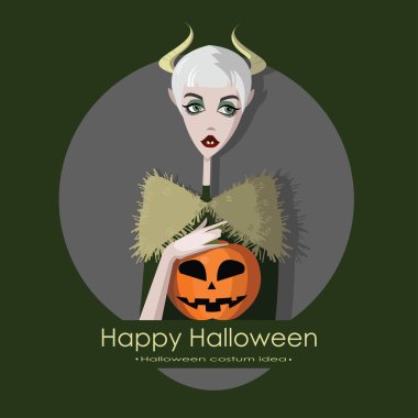 Kız Cadılar Bayramı, arka plan üzerinde izole karikatür tarzı vektör çizim için canavar olarak giyinmiş. Ya parani ya canini Cadılar Bayramı kartı