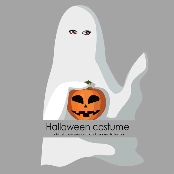 Gadis berpakaian seperti hantu untuk Halloween, gaya gambar vektor kartun terisolasi di latar belakang. Trik atau memperlakukan kartu Halloween - Stok Vektor