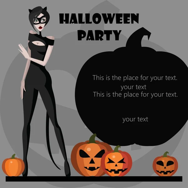 Fiesta de Halloween. Chica vestida como Cat Women con calabaza. Plantilla de tarjeta de invitación — Vector de stock