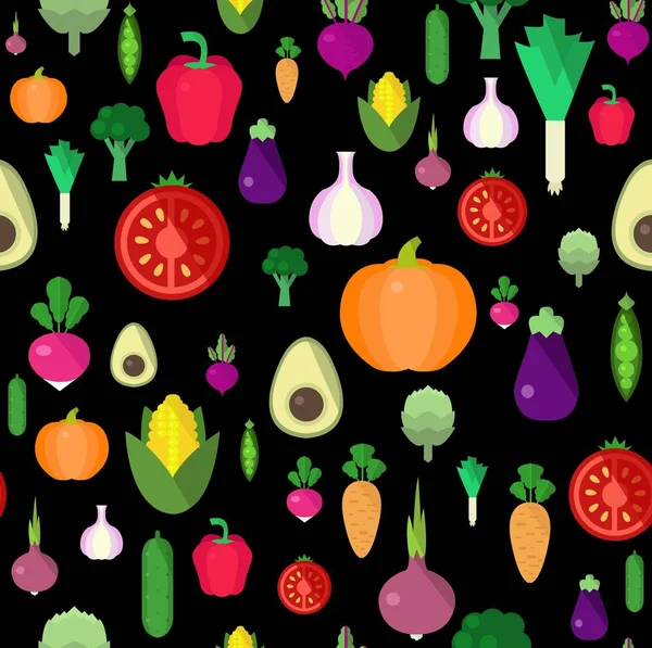 Ilustração de alimentos orgânicos. Padrão sem costura colorido com legumes e frutas — Vetor de Stock