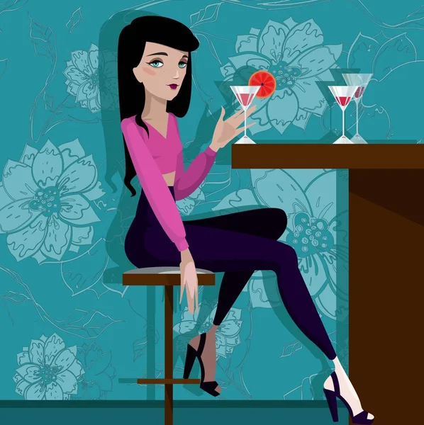 Färgglada illustration av flicka med cocktail. — Stock vektor