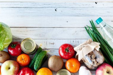 Beyaz ahşap bir masada, düz bir zeminde çeşitli ürünler. Mesaj için yer var. Kriz anında yiyecek alma kavramı. Üst görünüm.