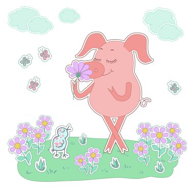 Happy pig with a flower in a hand. Cute cartoon pig sticker clipart
