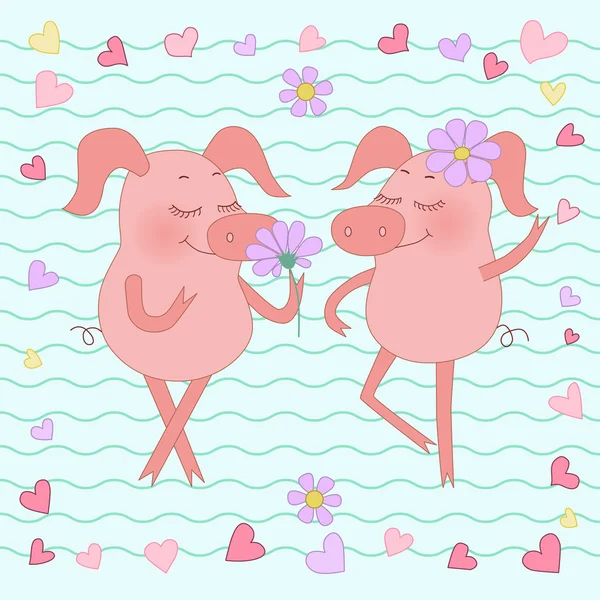 그녀의 머리에 꽃과의 행복 한 돼지 귀여운 만화 돼지 스티커 — 스톡 벡터